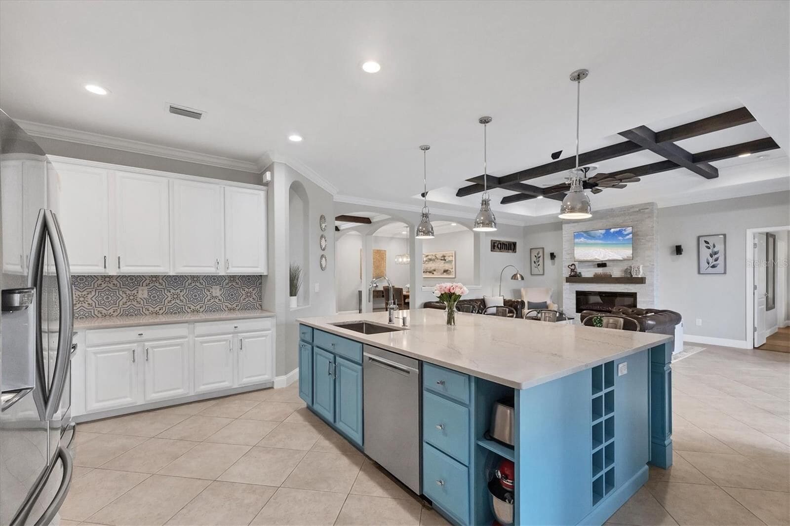Kitchen island open to the dining area