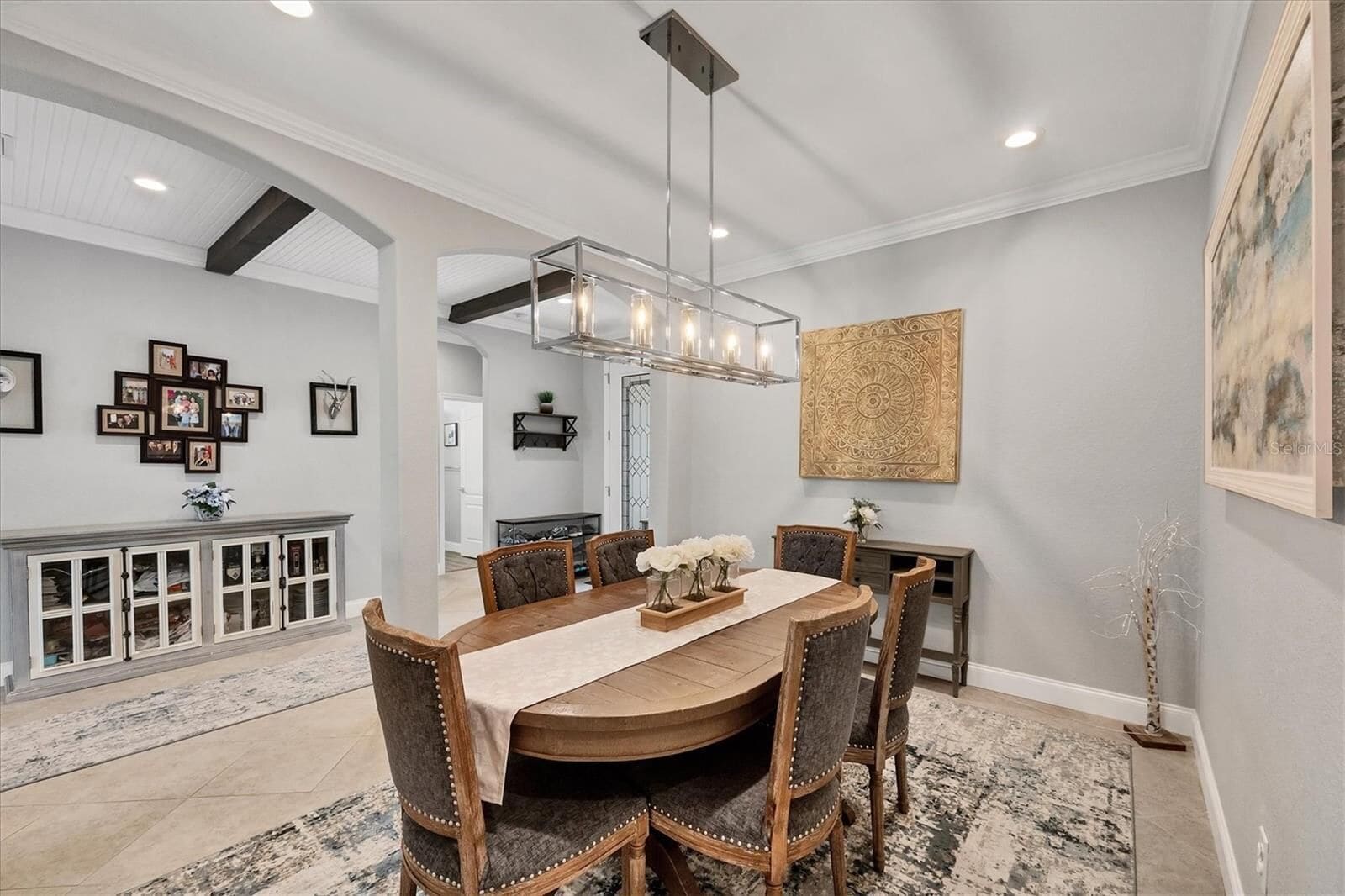 Round dining table with chandelier