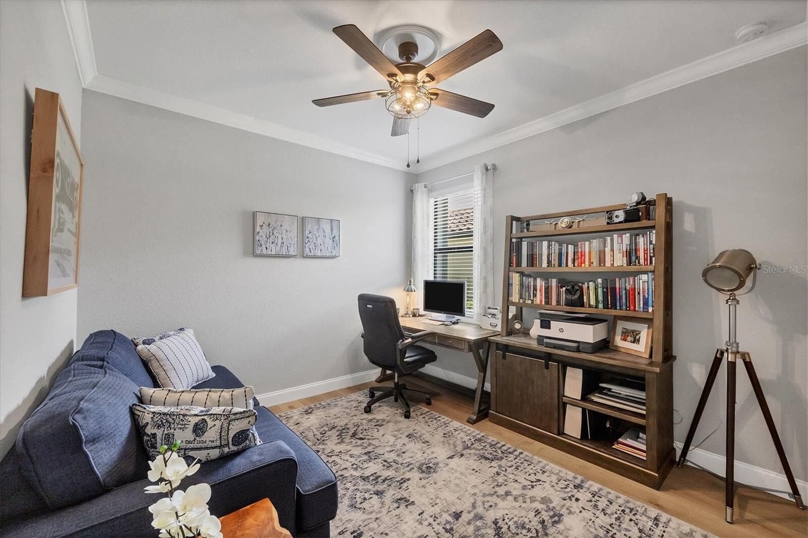 Desk, chair and bookshelf