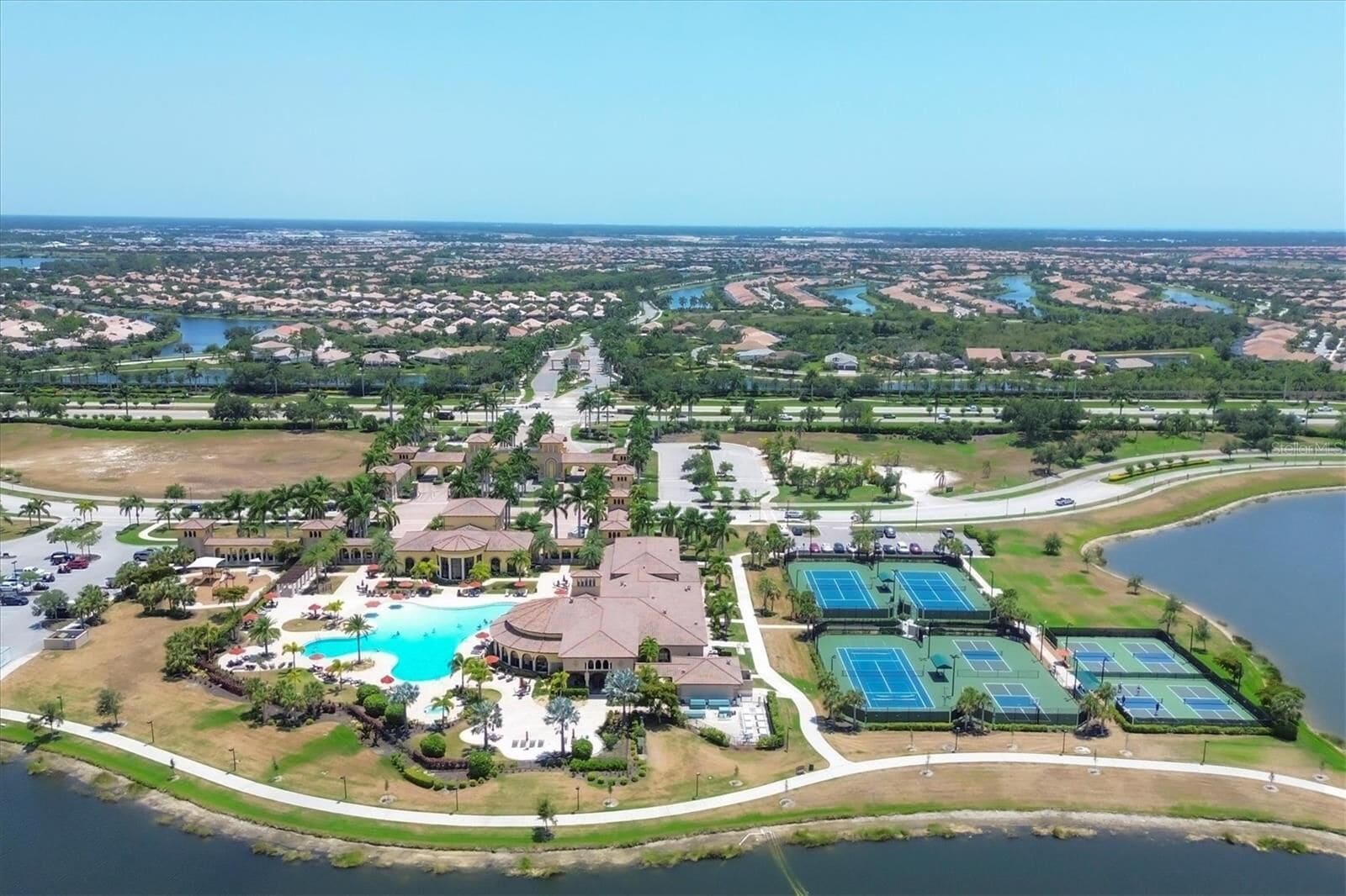 Aerial view over the community and waterfront