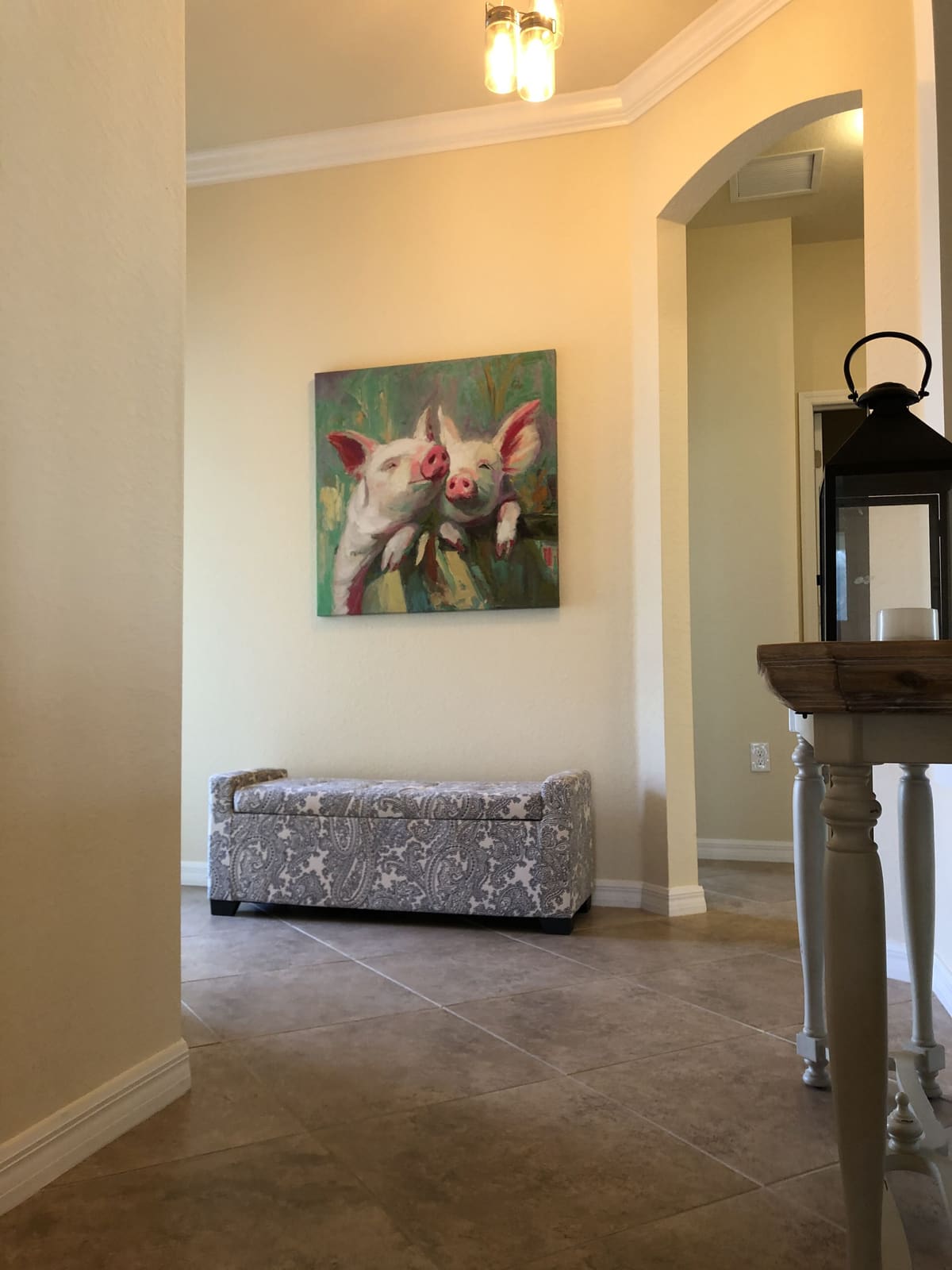 Hallway with bench and lantern