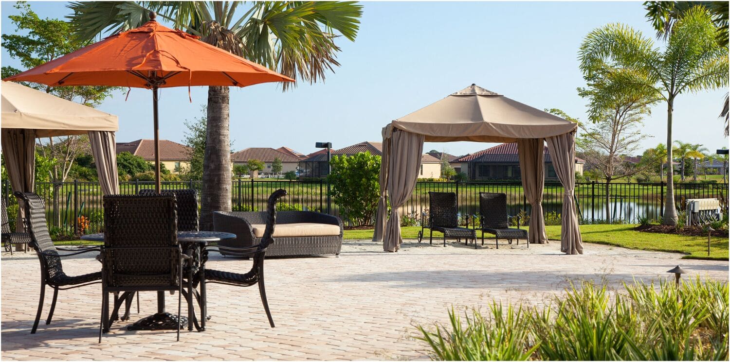 Shaded gazebos and wicker seating in the community (shared)